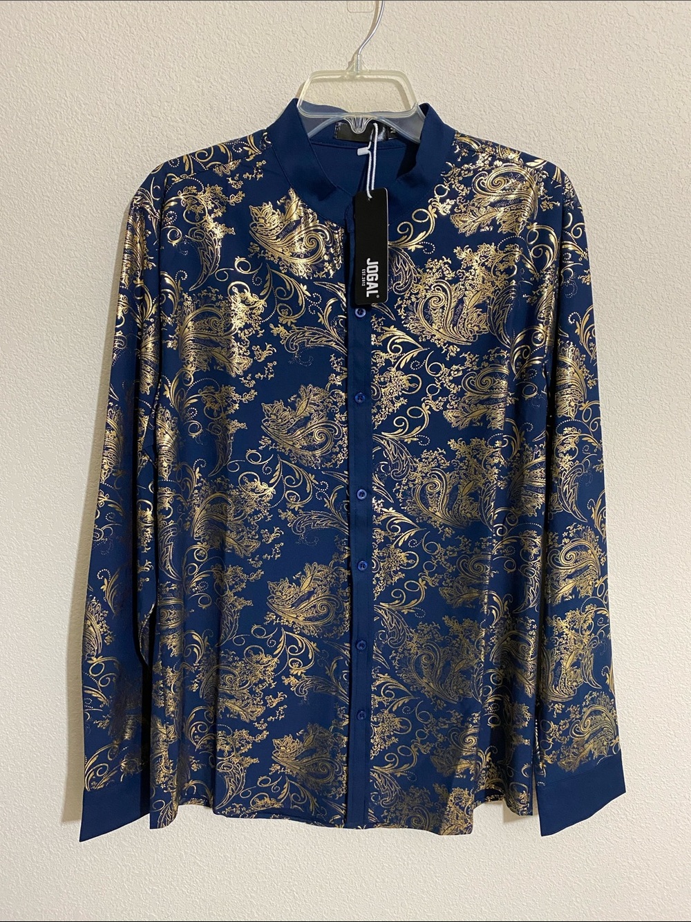 JOGAL Mandarin Button Down Dress Shirt w Metallic Gold Graphics Men's Size M